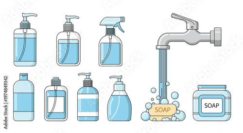 Essential hygiene products set including liquid soap dispensers spray bottles and running water tap for virus prevention and cleaning.