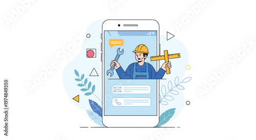 Online technical support service app with professional repairman character holding tools shown on mobile phone screen for assistance.