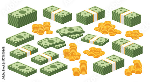 Isometric piles of cash banknotes and gold coins representing wealth financial success savings and abundance of money in business.