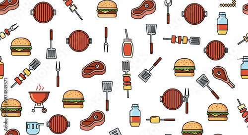 Barbecue party seamless pattern with icons of grill burgers steak meat skewers and kitchen utensils on clean white background.