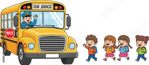 Cheerful yellow school bus with waving driver and children carrying backpacks walking safely to class, education transportation safety concept for stock illustration