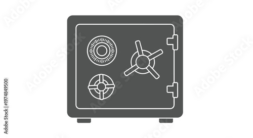 Heavy duty metal safe box icon with combination locks and handle representing financial security and valuable storage.