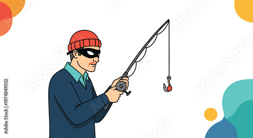 Cybercrime and phishing concept with thief character in mask using fishing rod to steal sensitive data or money online.