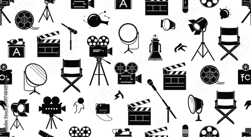 Filmmaking and cinema seamless pattern with icons of movie cameras clapperboards directors chairs and studio lighting.