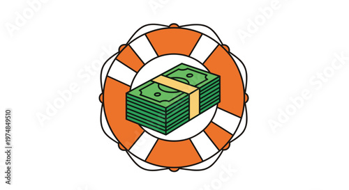 Financial insurance and safety concept with stack of dollar bills inside an orange lifebuoy representing money protection.