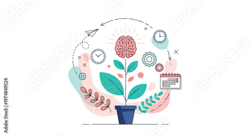 Brain growing as a plant in a pot surrounded by time management icons like clocks and calendar for creative business ideas.