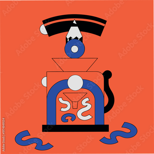 a manual pencil sharpener with a pencil and wood shavings, clean outline style, minimal design