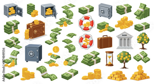 Large set of pixel art icons representing money, banking, finance, safes, stacks of dollar bills, and economic growth on white.