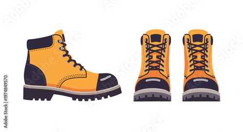 Pair of sturdy yellow and black work boots displayed from the side and front views for construction, hiking, or industrial safety.