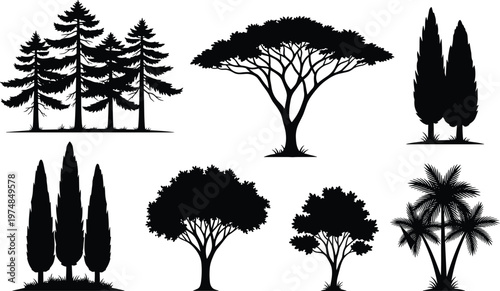 Black silhouette collection of diverse trees featuring pine forest acacia cypress and palm trees isolated on white background for nature landscape design projects.