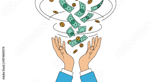 Illustration of hands open to catch falling money bills and gold coins in a swirling motion, representing wealth and prosperity.
