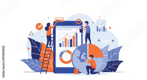Business team analyzing data and charts on a giant smartphone screen, symbolizing mobile marketing and digital analytics progress.