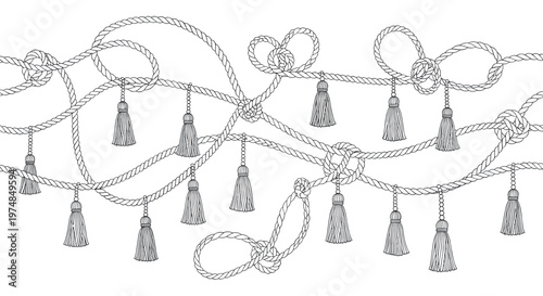 Detailed black and white line art pattern of various intertwined knotted ropes adorned with decorative tassels for vintage design.