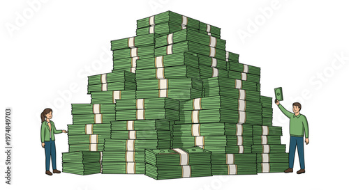 Man and woman dwarfed by a giant, towering pile of green dollar bills, representing extreme wealth, success, and high capital.
