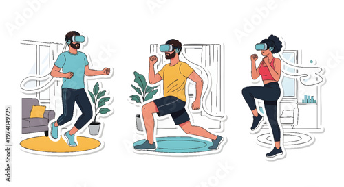 people wearing VR headsets exercising at home with fitness