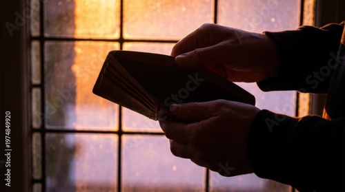 Silhouetted hands hold an open empty brown leather wallet against a warm grid patterned window