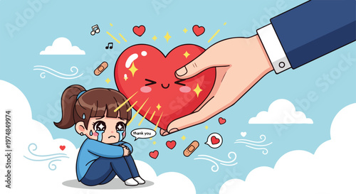 Caring hand offers a glowing heart to a sad, crying child, symbolizing comfort and emotional support
