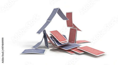 A precarious house of red and blue playing cards in the process of collapsing on a clean white background
