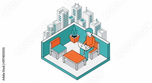 Isometric Man Working on Laptop at Home Office Balcony with City Skyline View - Remote Work, Freelance, and Urban Lifestyle Concept