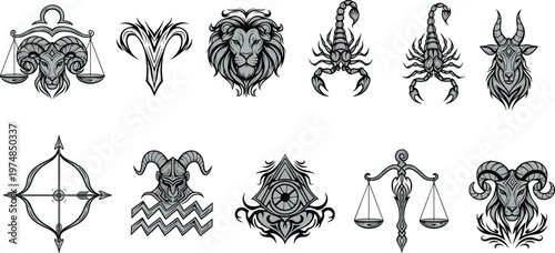 Collection of twelve black and white zodiac symbol illustrations featuring Libra, Aries, Leo, Scorpio, Capricorn, Sagittarius, Aquarius, Cancer, Virgo, Pisces