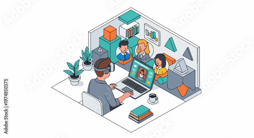Isometric Illustration of a Professional Using VR Goggles and Laptop for Remote Collaboration in a Virtual Metaverse Workspace