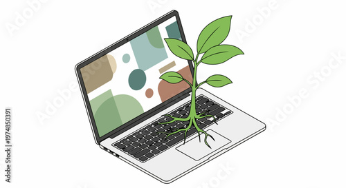 Sustainable Technology Concept with Green Plant Growing from Laptop Keyboard Illustration Representing Eco-Friendly Digital Solutions and Organic Business Growth
