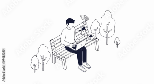 Isometric Illustration of a Man Working on Laptop on a Park Bench, Remote Work and Digital Nomad Concept with Wi-Fi Connectivity in Nature