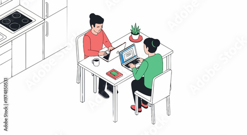 Isometric Illustration of a Couple Working from Home on Laptops in a Kitchen Setting
