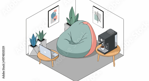 Isometric Cozy Home Office Interior with Beanbag Chair, Coffee Machine, and Laptop. Minimalist Workspace Design for Freelance or Remote Work.