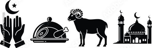 Islamic silhouette icons of prayer hands crescent moon star, serving dish meat, ram sacrifice, mosque domes minarets Eid al‑Adha artwork