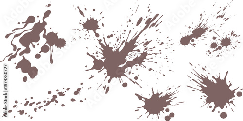 Collection of large dark brown mud splatters and dirt splashes grunge texture graphic elements on white background off road splatter background isolated abstract footprint environment
