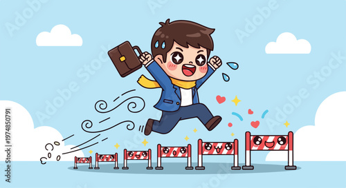 Energetic businessman in suit jumping over hurdles with briefcase and scarf, symbolizing success and overcoming