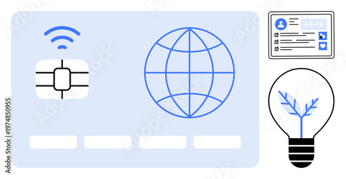 Digital transformation, data security, identity verification, global networking, innovation, future technology. Smart card with chip, globe ID card and innovative light bulb graphic. Digital