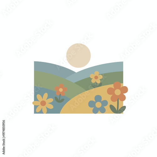 Sunlit Hills and Flower Field Illustration