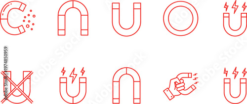 Red line icons of magnets showing attraction, prohibition, magnetic fields, particles, and hand holding magnet in simple stylized illustration