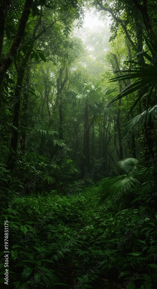 Fototapeta premium Dense, lush green foliage dominates the view in this humid, warm, and mysterious jungle ecosystem. Sunlight filters through the tropical canopy, mystery, canopy, lush