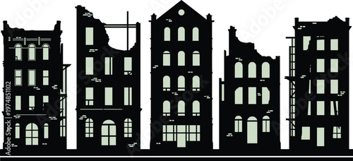 Silhouette illustration of ruined multi‑story urban buildings with broken windows, collapsed walls, architectural destruction, abandoned cityscape and post‑apocalyptic design concept