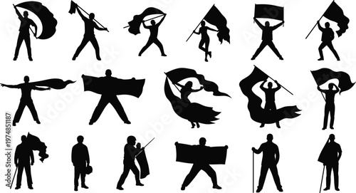 Silhouette people holding waving flags in dynamic poses showing unity, celebration, demonstration, performance, and expressive symbolic movement illustration