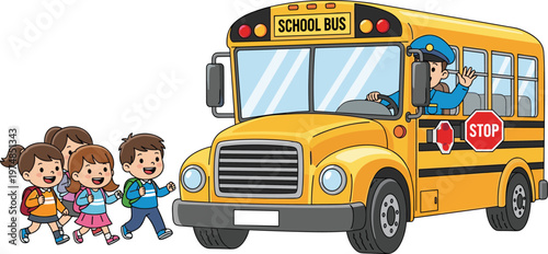 Yellow school bus with children carrying backpacks walking safely to transportation, driver in uniform, stop sign extended, education travel safety concept illustration