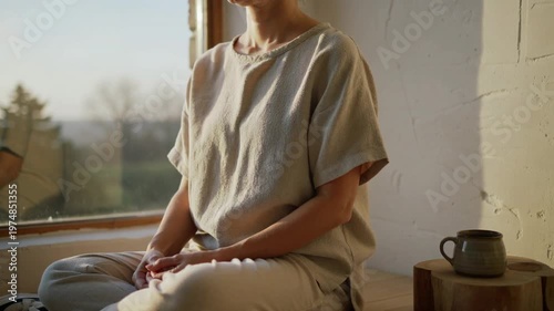 Woman meditating by window with sunlight, calm mindfulness and wellness lifestyle