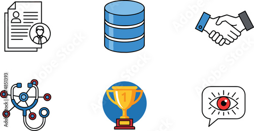 Business, Technology, and Achievement Icon Set with Resume Document, Database, Handshake, Network Diagram, Trophy, and Eye Illustration for Editable Digital, Corporate, and Workflow Vector Designs
