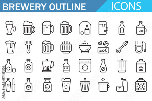 Brewery icon set thin line vector collection with beer bottles kegs and glasses
