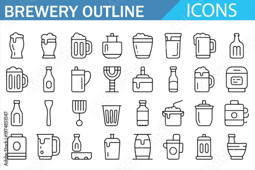 Brewing process icons pack minimal outline vector for alcohol production design