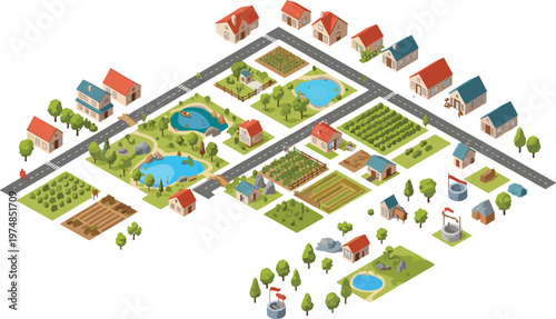 Isometric Village Map Elements with Small Houses Gardens Farms Ponds and Roads for Game Level Design Urban Planning and Rural Landscape Vector Illustration