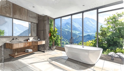 Scenic bathroom with mountain view, large windows, modern fixtures, and bright, airy atmosphere rendered in an artful style