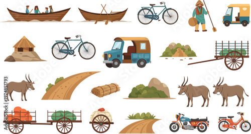 Traditional South Asian Transportation and Rural Life Vector Icon Set Featuring Boats, Tuk Tuks, Bicycles, Bullocks, and Countryside Road Elements for Travel Graphics