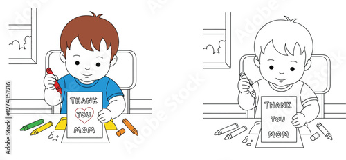 Cute little boy drawing a Thank You Mom card with crayons. Color vector illustration and black and white line art outline for kids coloring book.
