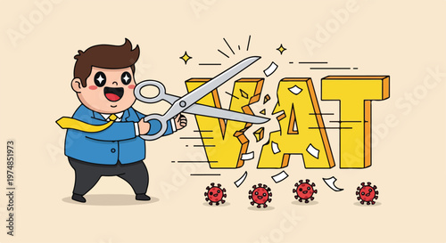 Businessman cutting the word VAT with scissors symbolizing tax reduction and economic relief during difficult times