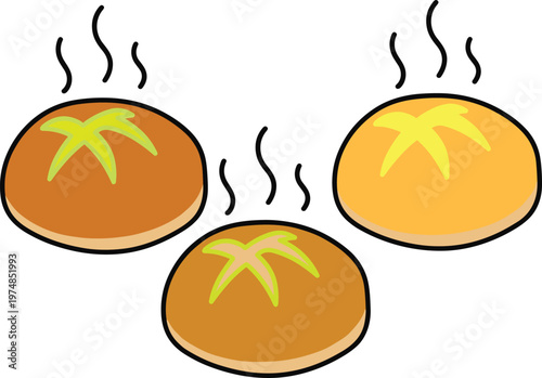 Fresh Baked Bread Buns Vector Illustration with Steam Clouds for Bakery Menu Design, Breakfast Catering Services, and Food Industry Marketing Materials