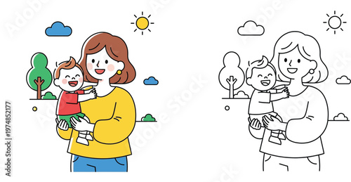 Happy mother holding her smiling baby outdoors on a sunny day. Color vector illustration and black and white line art outline for kids coloring book.